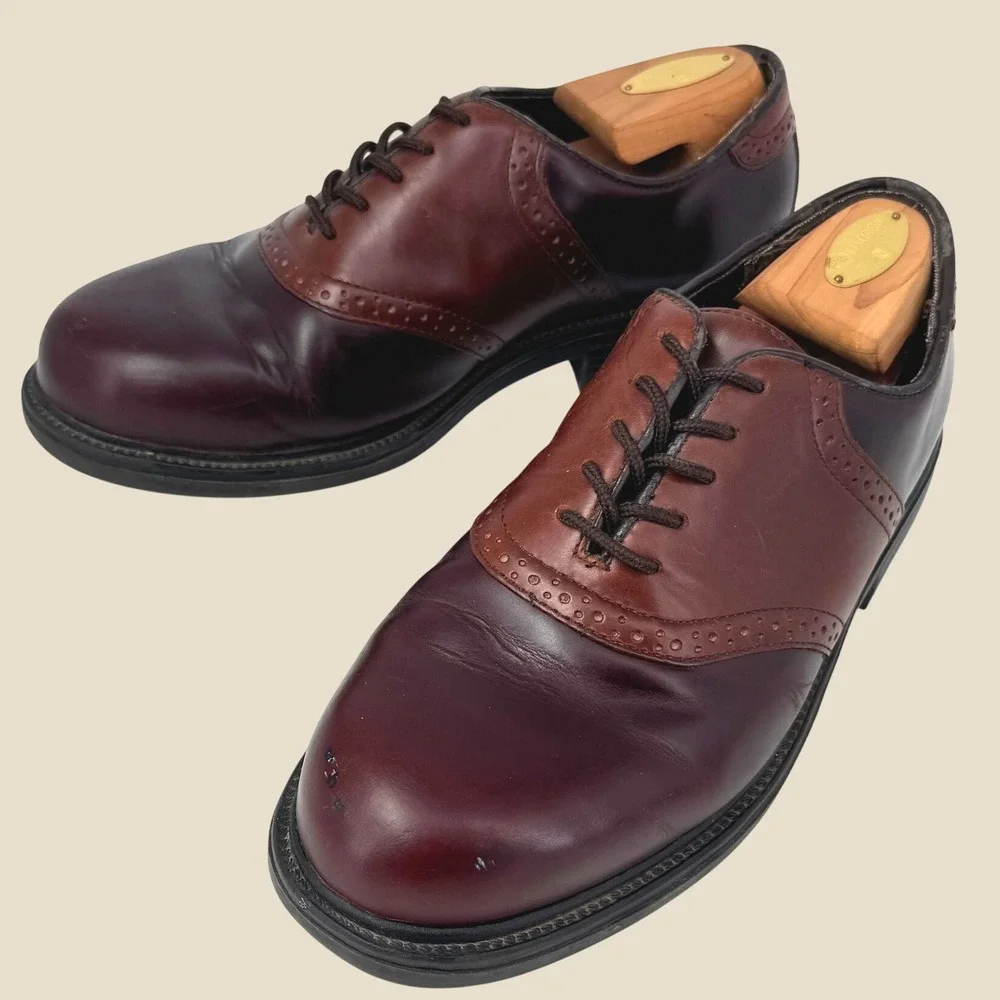 Vintage Nunn Bush Saddle Shoes Men 9.5M Burgundy Brown Leather Brogue Oxford